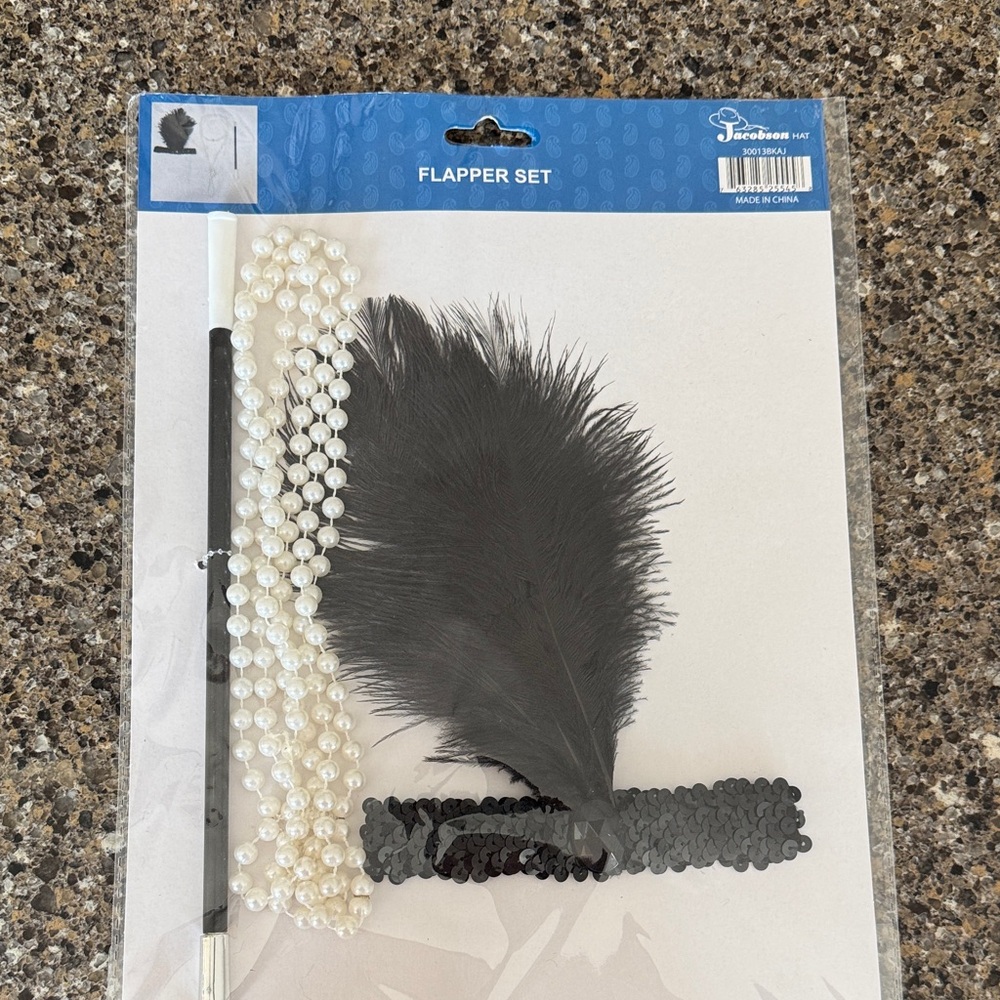 NEW Flapper Set - Black Feather Headband, White Faux Pearls